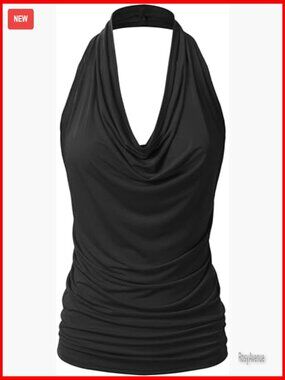 Women's Halter Neck Tank Top Sleeveless Open Back Draped Front Stretchy